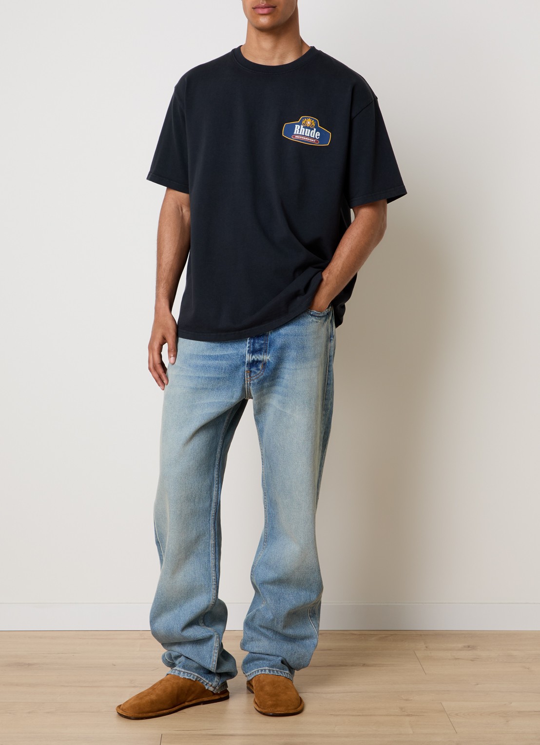 Rhude Racing Crest T-shirt met logo- en backprint - voorkant 2 donkerblauw