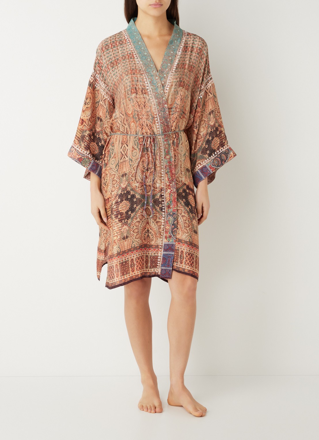 Rituals Jaypur Saree kimono van satijn met print - detail 2 oranjebruin