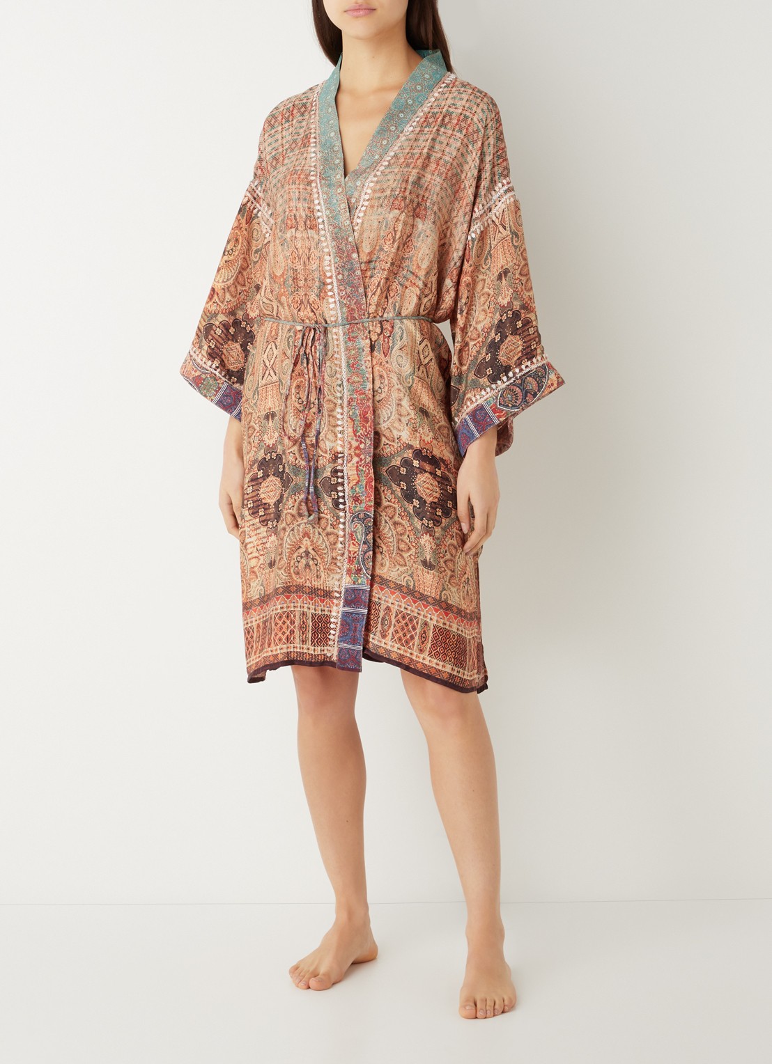 Rituals Jaypur Saree kimono van satijn met print - voorkant 5 oranjebruin