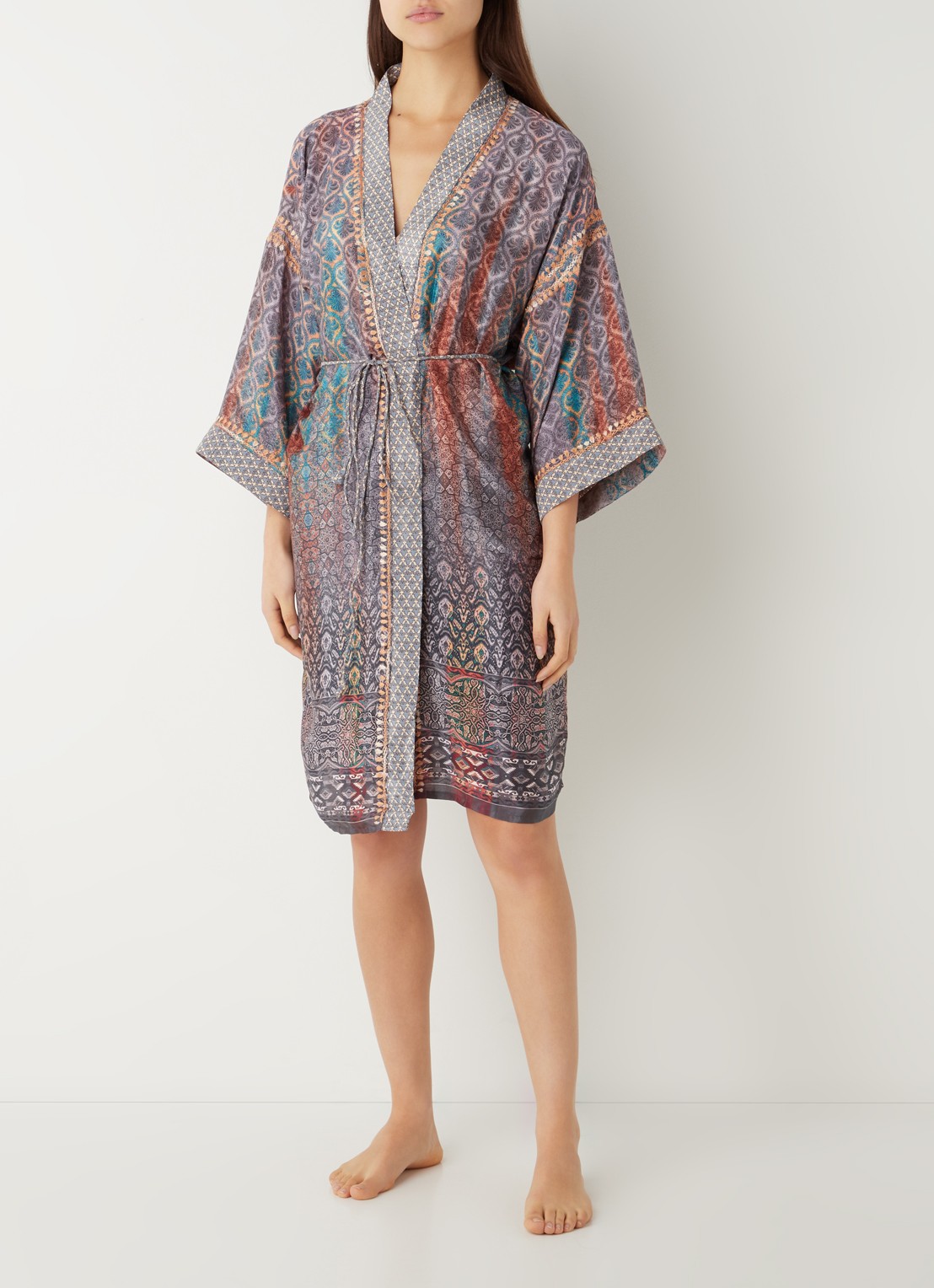 Rituals Jaypur Saree kimono van satijn met print - voorkant 2 lichtblauw