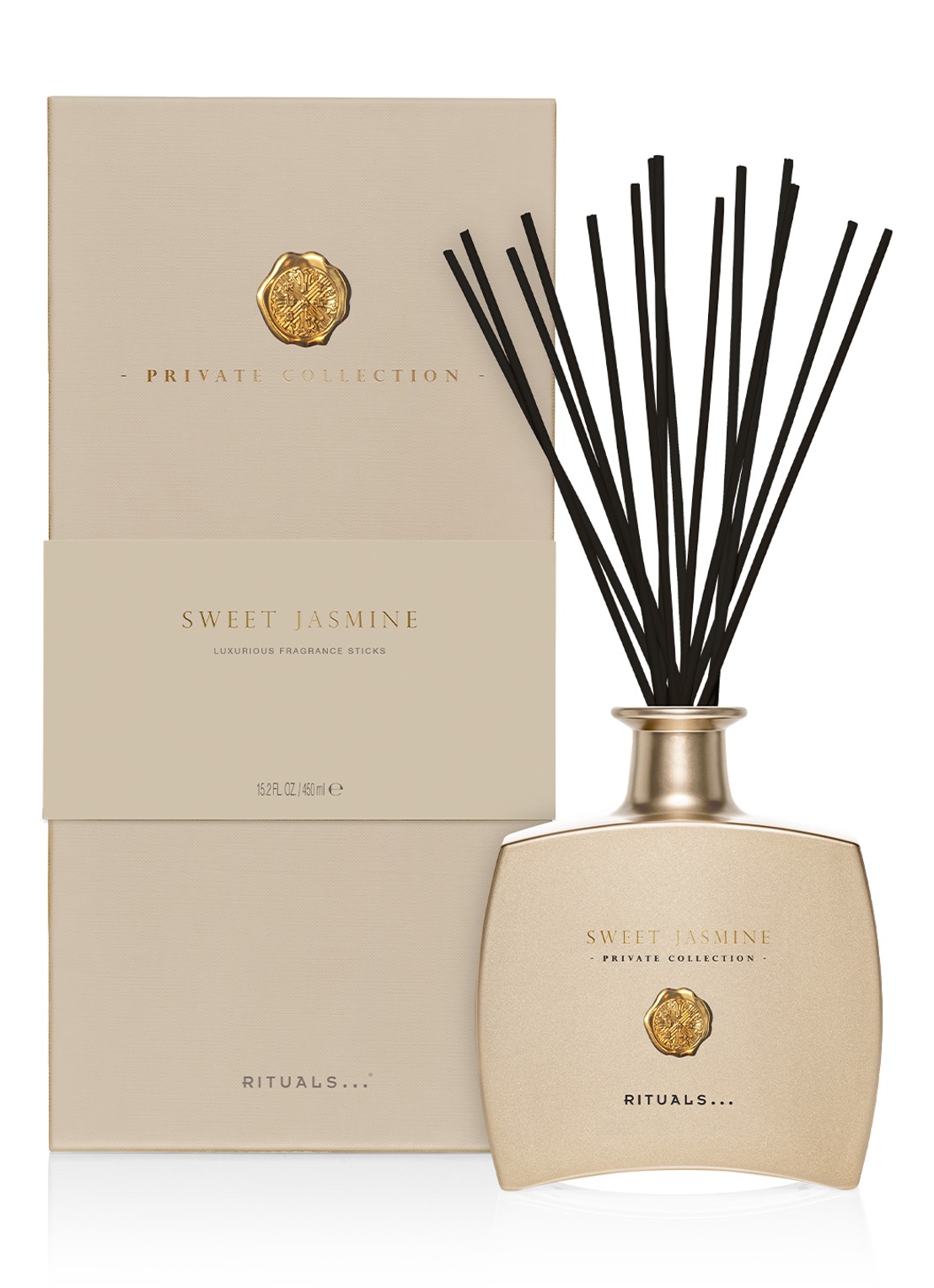 Rituals Sweet Jasmine Fragrance Sticks luxe geurstokjes 450 ml - voorkant 2 goud