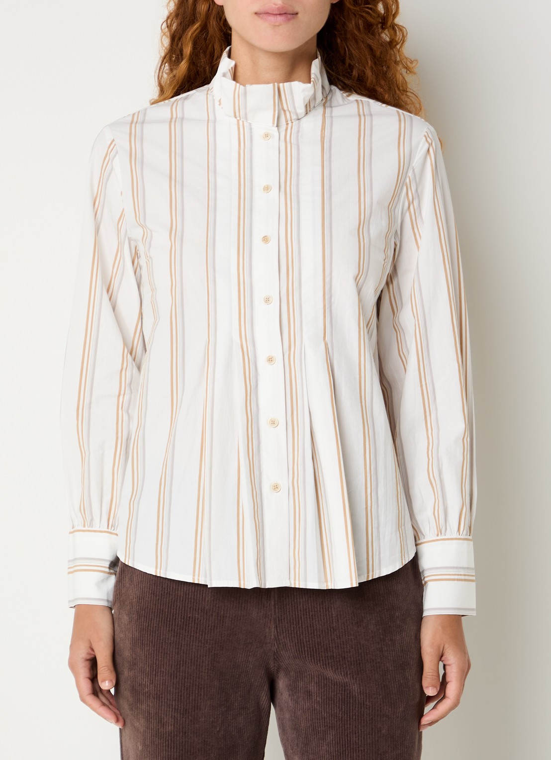 River Woods Blouse met streepprint en opstaande kraag - detail ivoor