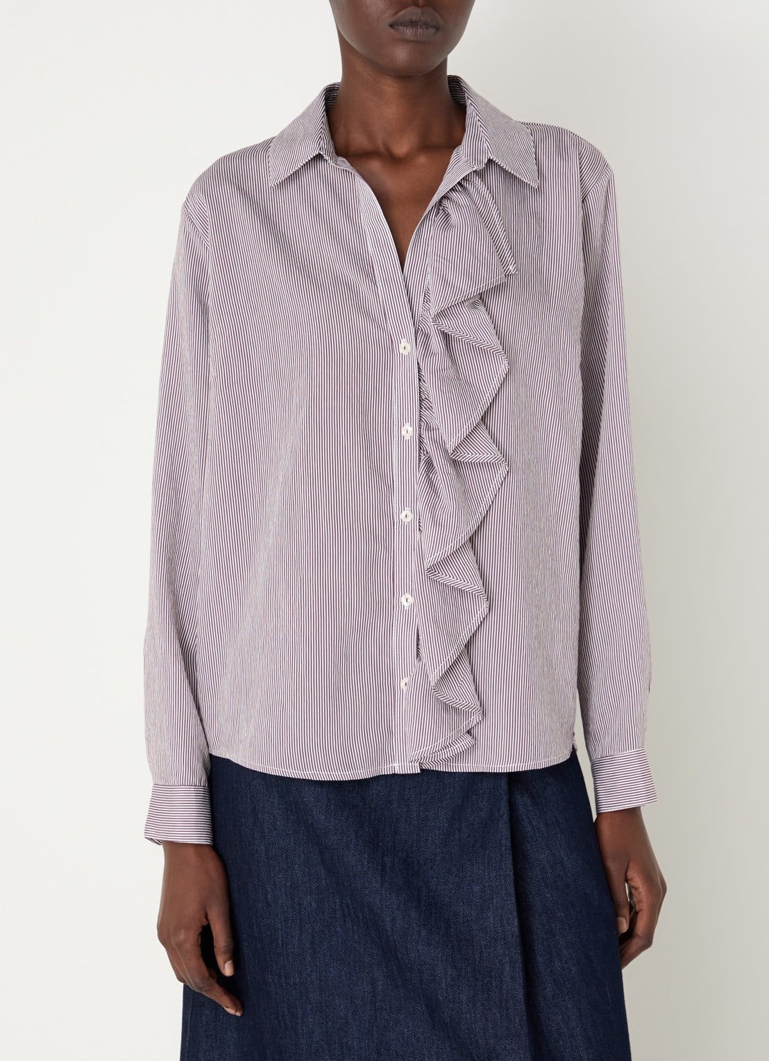 River Woods Blouse met streepprint en volant - detail bordeauxrood