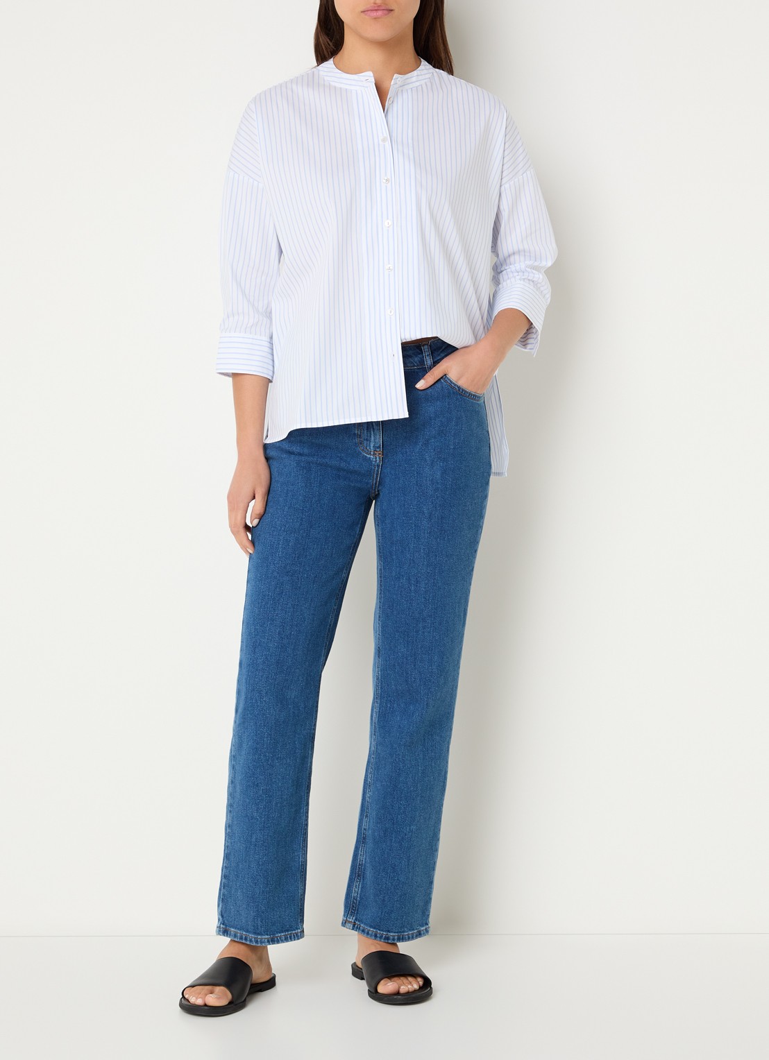 River Woods Blouse met streepprint in linnenblend - voorkant 2 lichtblauw