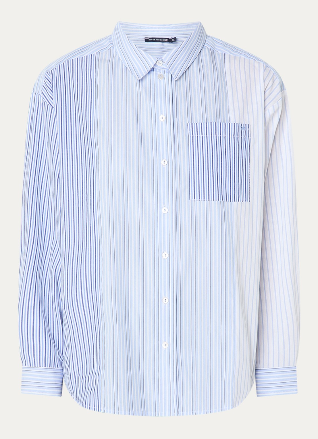 River Woods Blouse met streepprint in linnenblend - voorkant 3 staalblauw