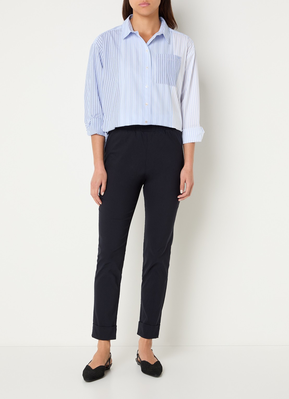 River Woods Blouse met streepprint in linnenblend - voorkant 4 staalblauw