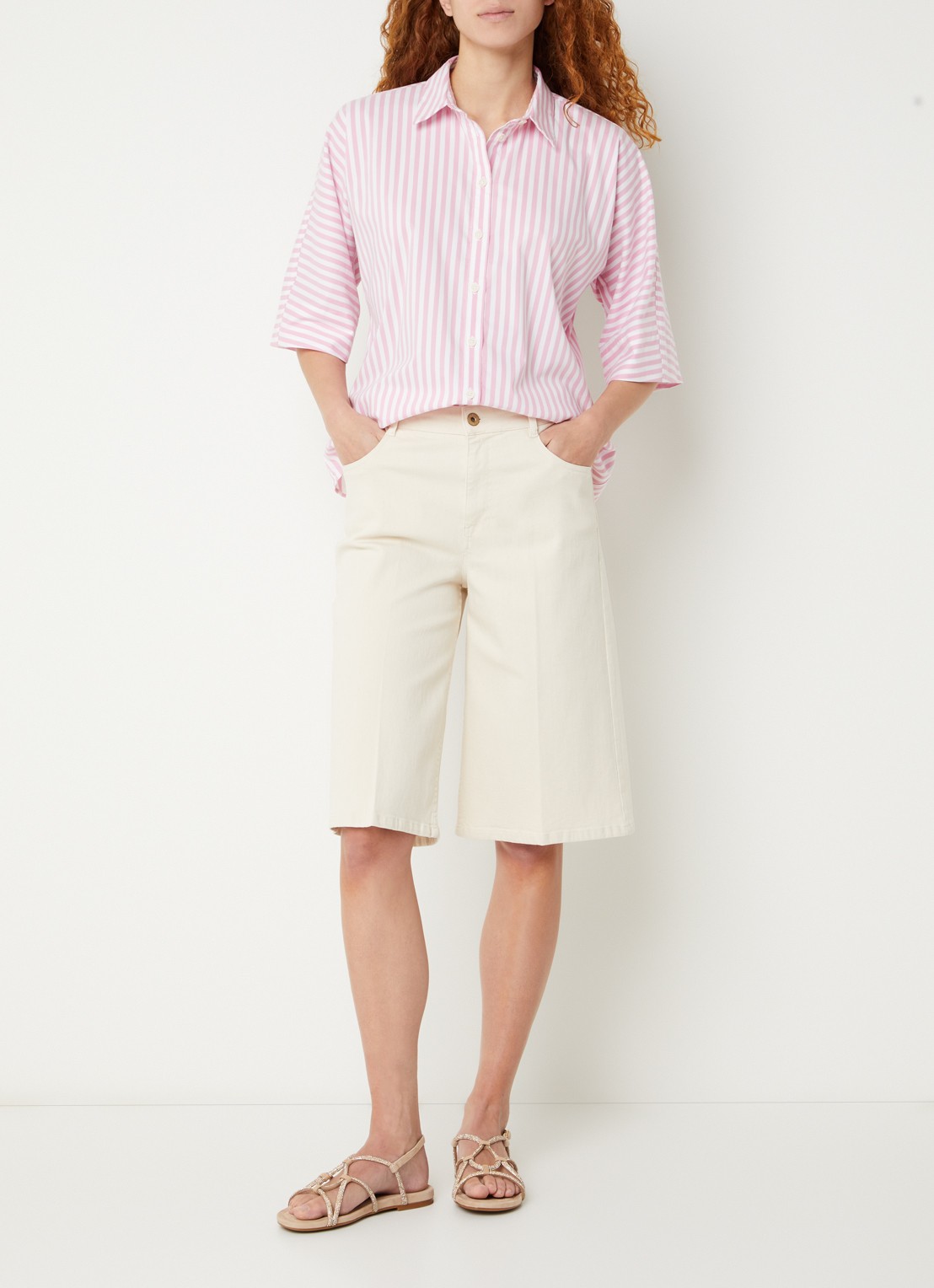 River Woods Blouse met streepprint - voorkant 4 lichtroze