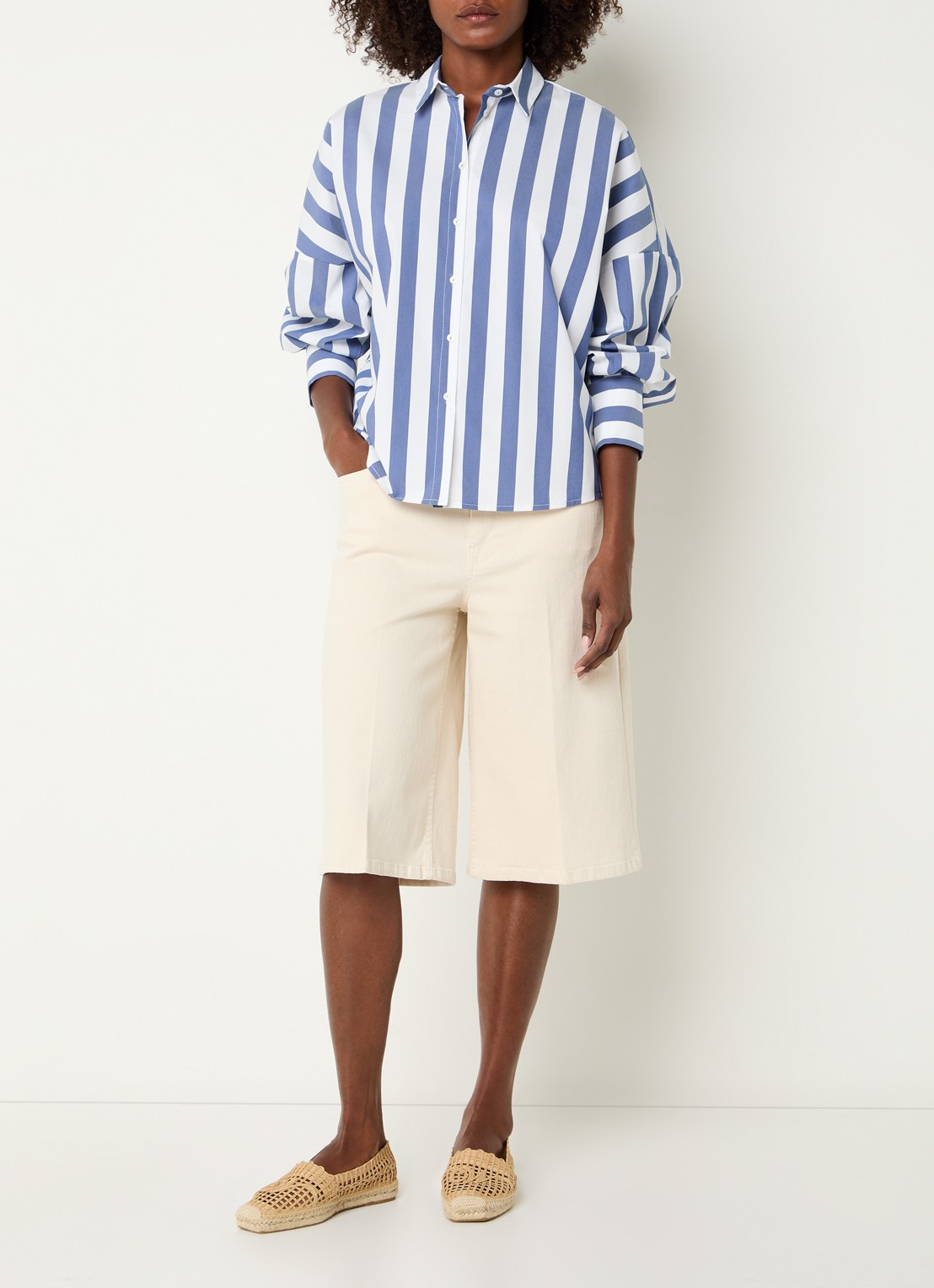 River Woods Blouse met streepprint - voorkant 2 staalblauw