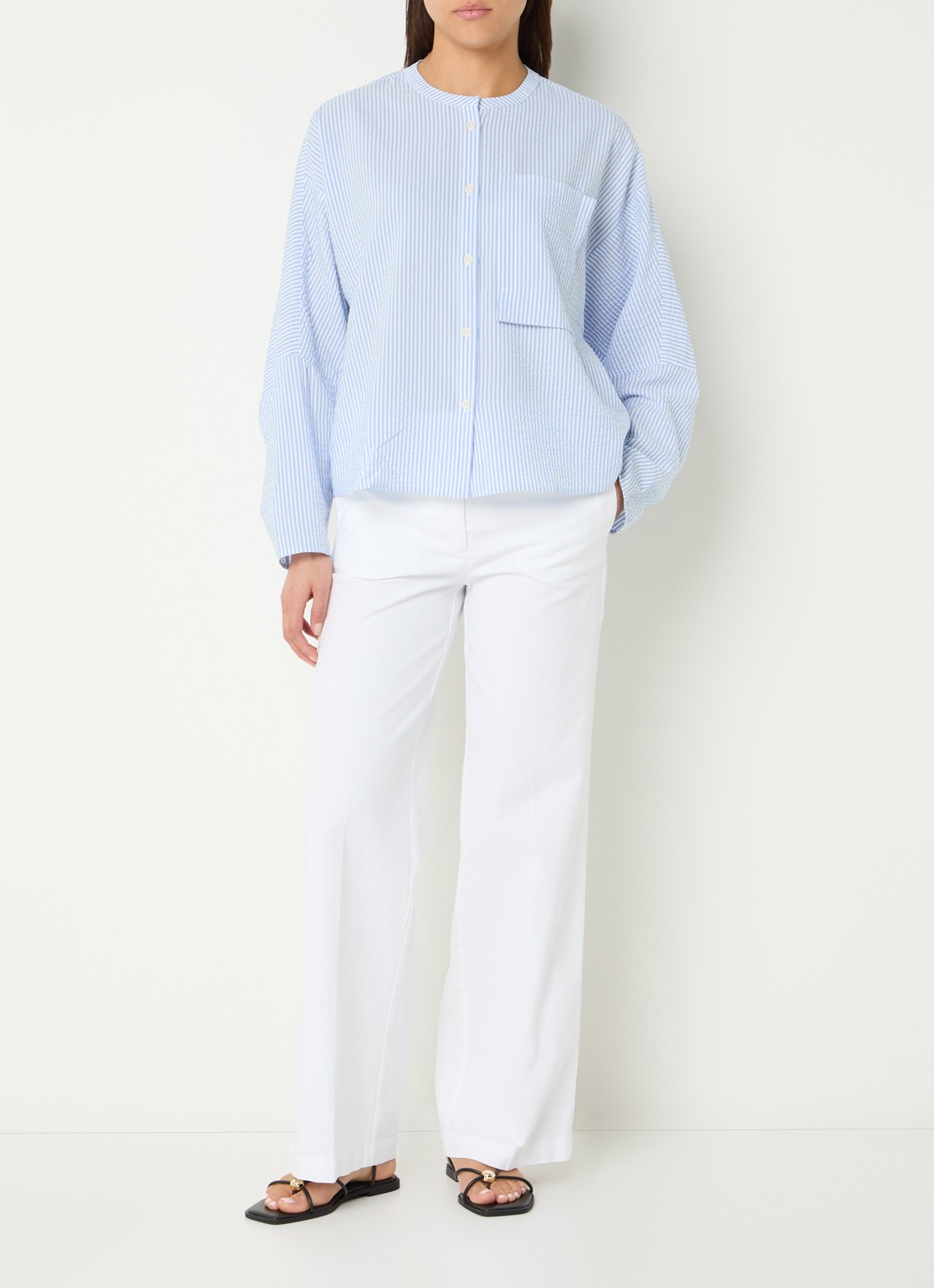 River Woods Blouse met streepprint - voorkant 2 lichtblauw