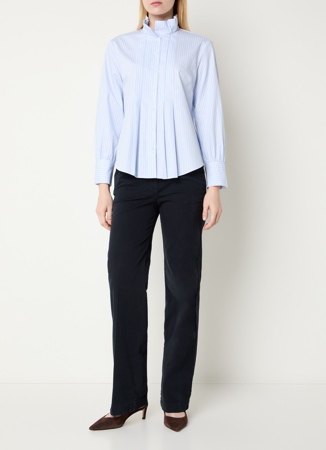 River Woods Blouse met streepprint - voorkant 2 blauwgrijs