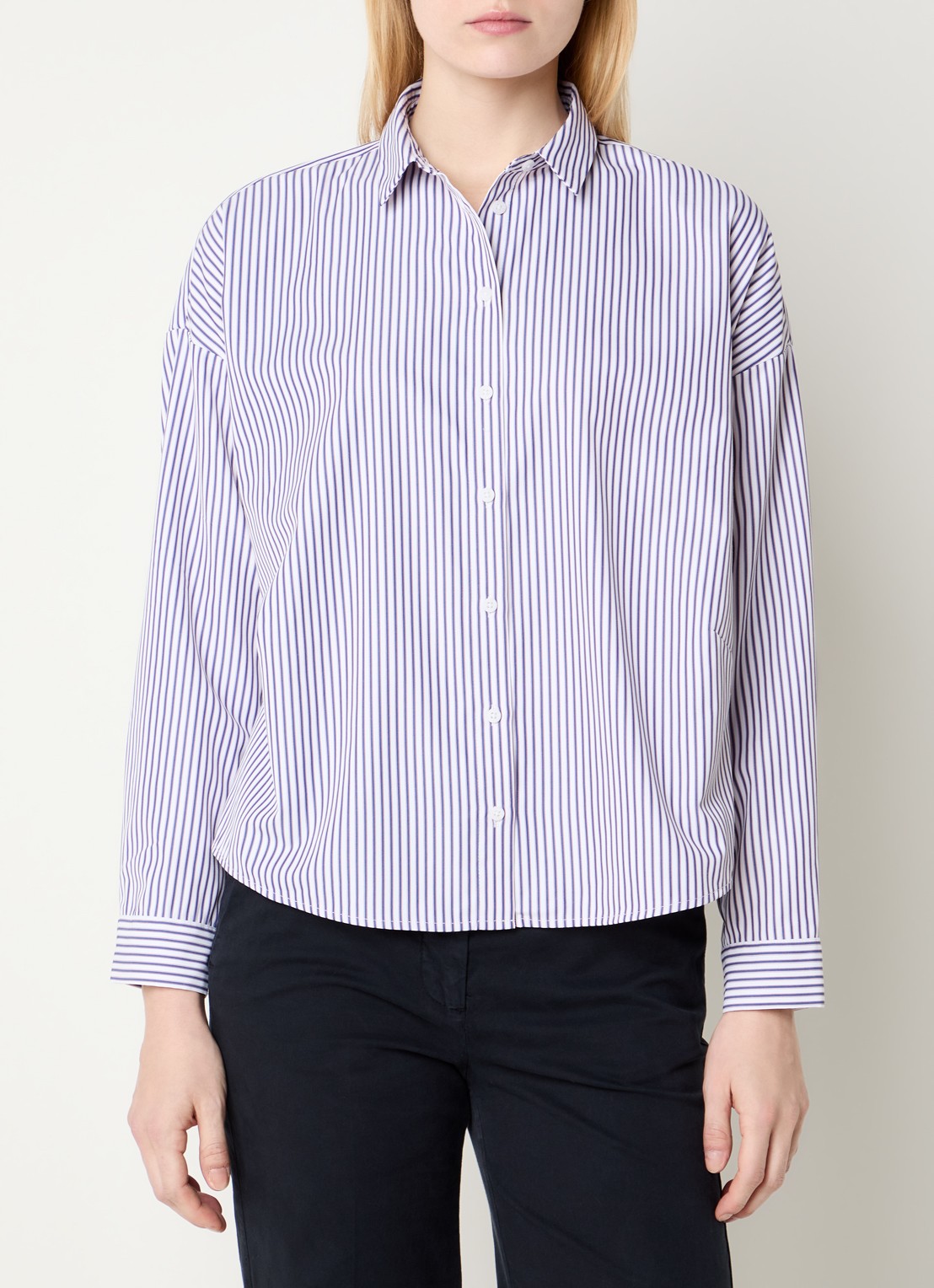 River Woods Darts blouse met streepprint - detail 3 donkerblauw