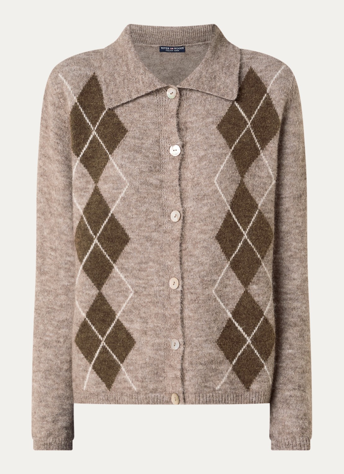 River Woods Fijngebreid vest in wolblend met ruitdessin - voorkant donkerbeige