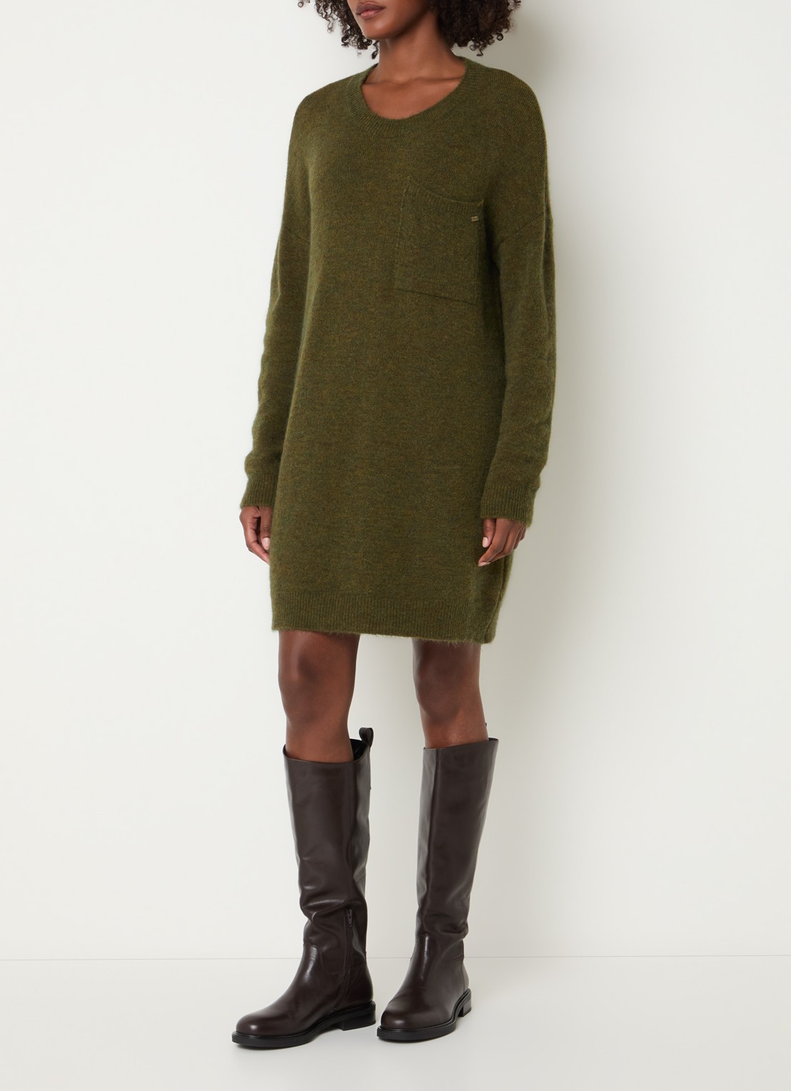 River Woods Fijngebreide mini trui-jurk in alpaca wolblend - voorkant 4 khaki