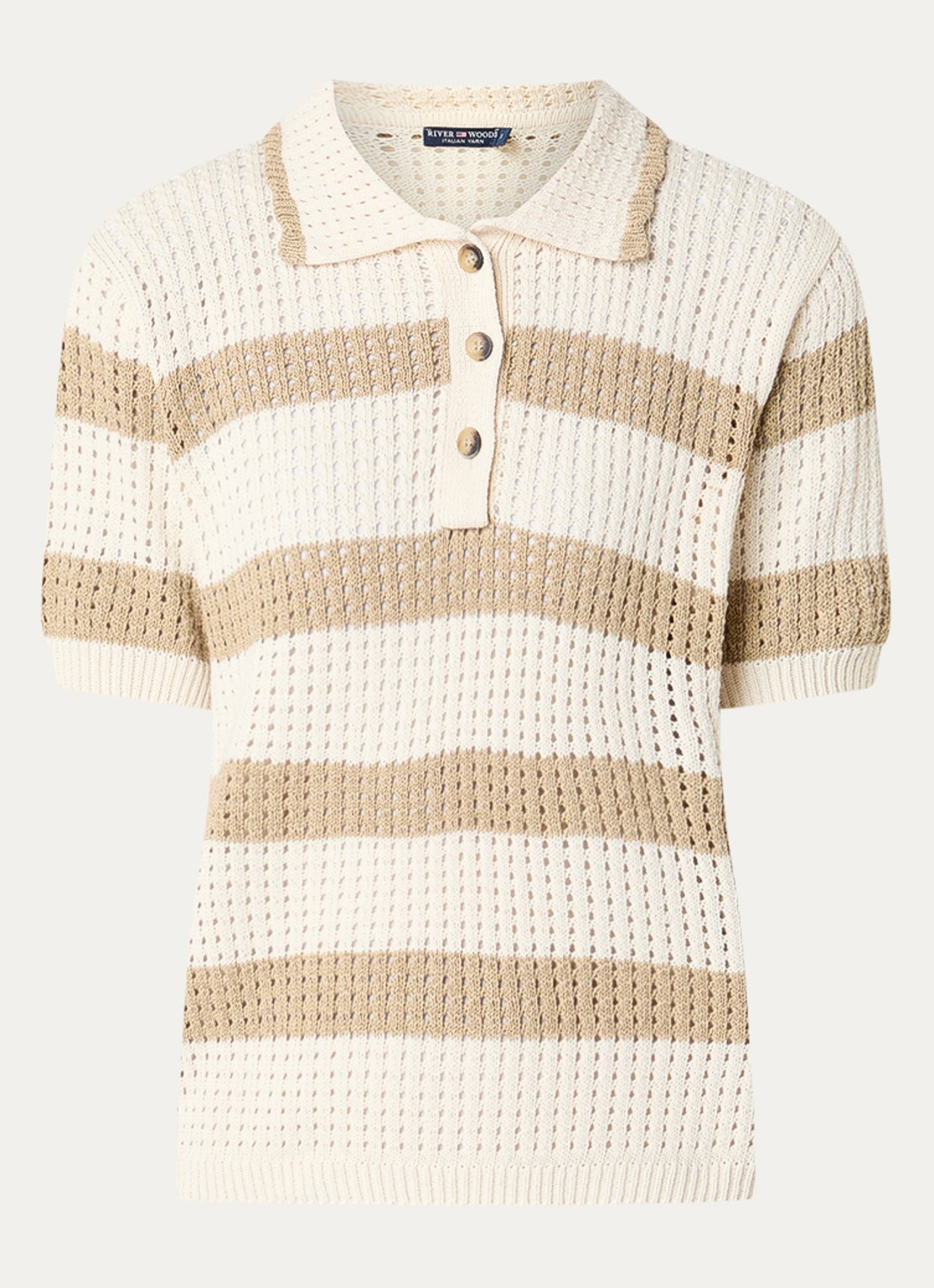River Woods Fijngebreide polo met streepprint - voorkant creme