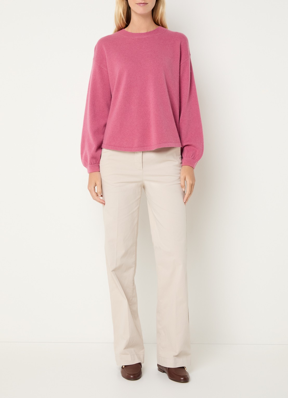 River Woods Fijngebreide pullover van wol met ronde hals - voorkant 3 roze