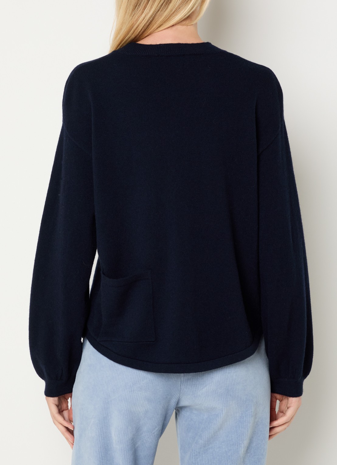River Woods Fijngebreide pullover van wol met ronde hals - achterkant 2 donkerblauw