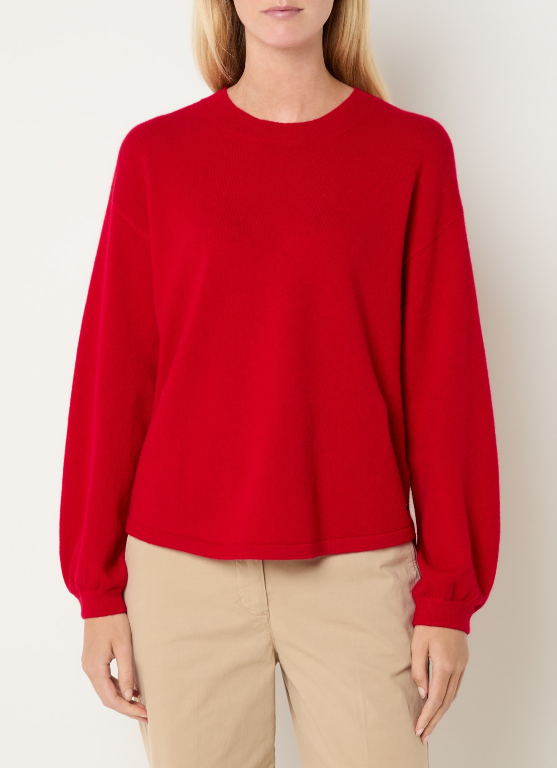 River Woods Fijngebreide pullover van wol met ronde hals - detail kersenrood