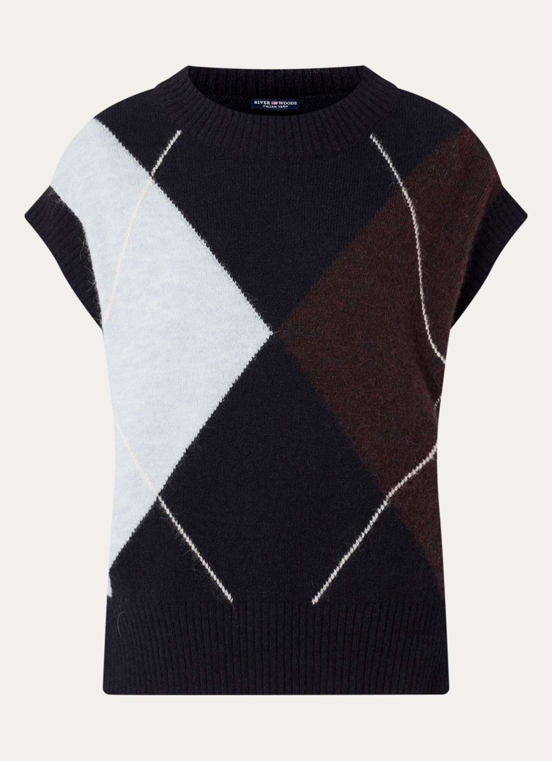 River Woods Fijngebreide spencer in wolblend met ruit dessin - voorkant 3 donkerblauw