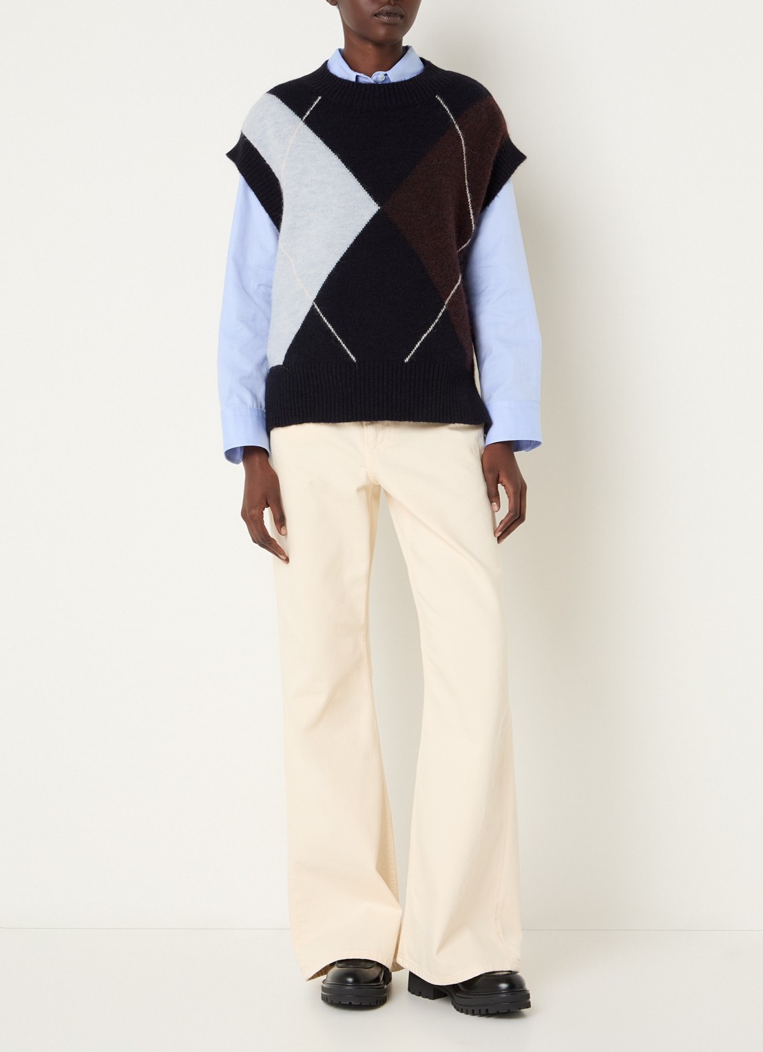 River Woods Fijngebreide spencer in wolblend met ruit dessin - voorkant 4 donkerblauw