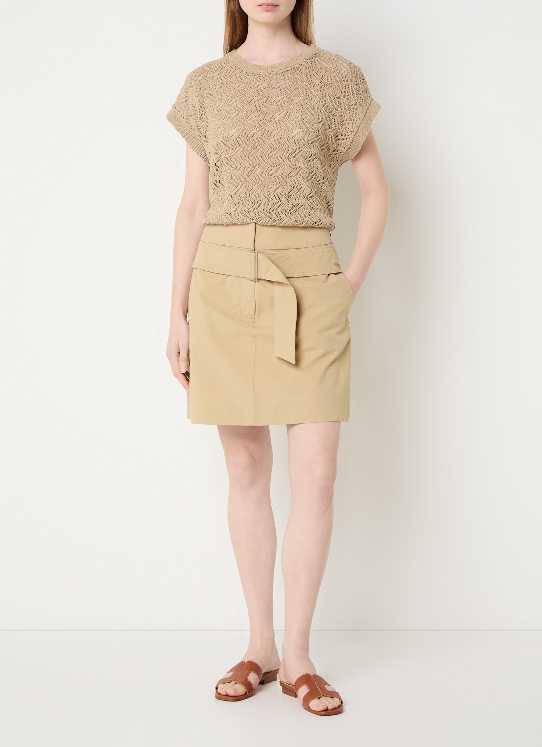 River Woods Fijngebreide top met opengewerkt dessin - voorkant 3 beige