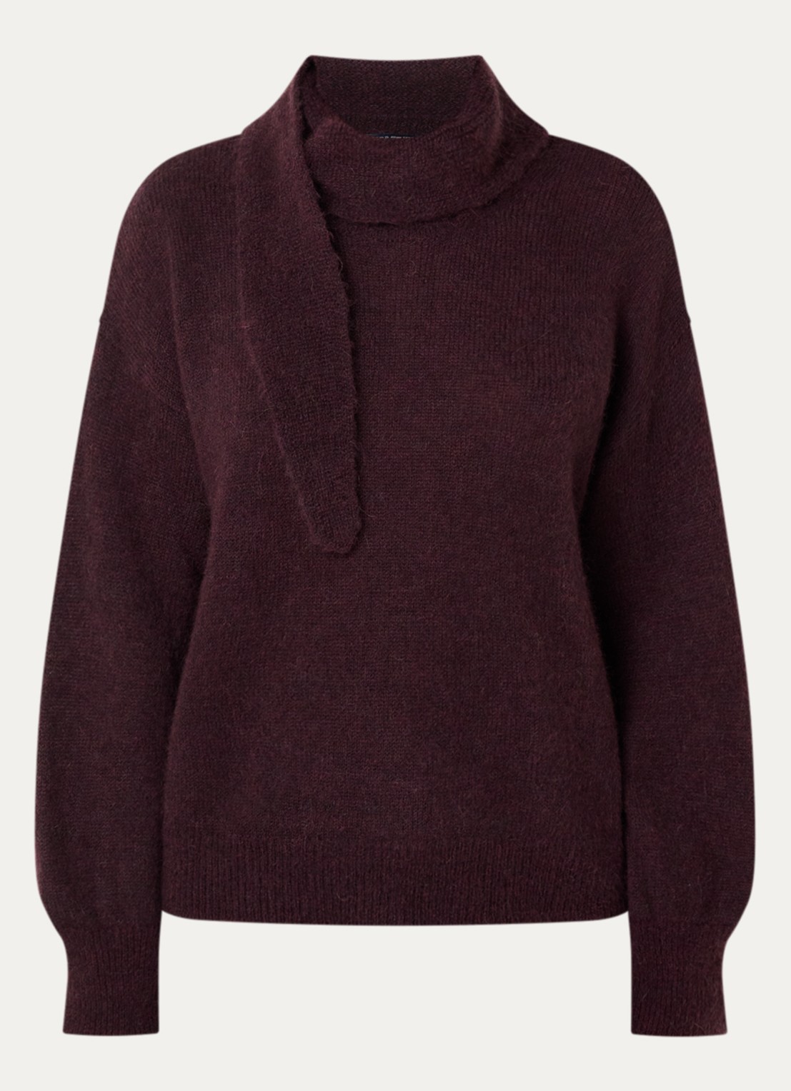River Woods Fijngebreide trui in alpaca wolblend met sjaalkraag - voorkant 2 bordeauxrood