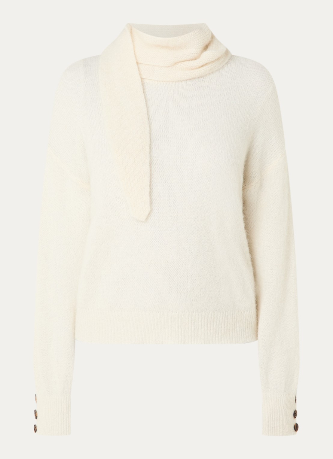 River Woods Fijngebreide trui in alpaca wolblend met sjaalkraag - voorkant gebroken wit