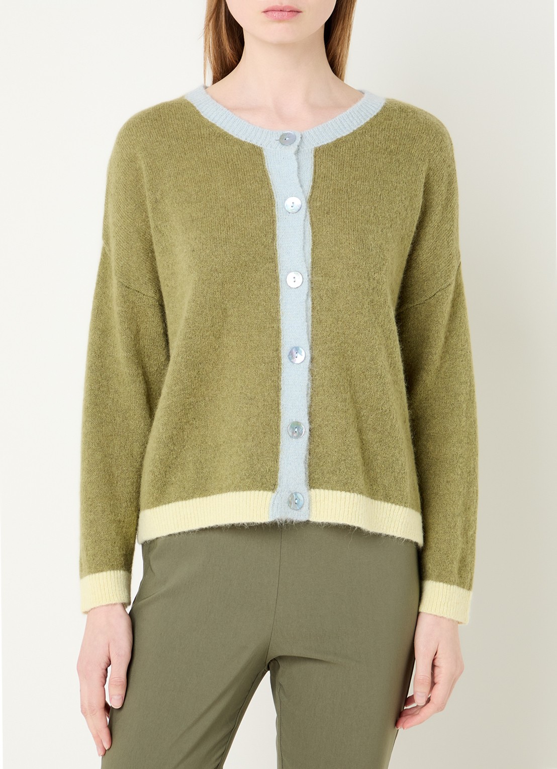 River Woods Grofgebreid vest in alpaca wolblend met streepprint - detail legergroen