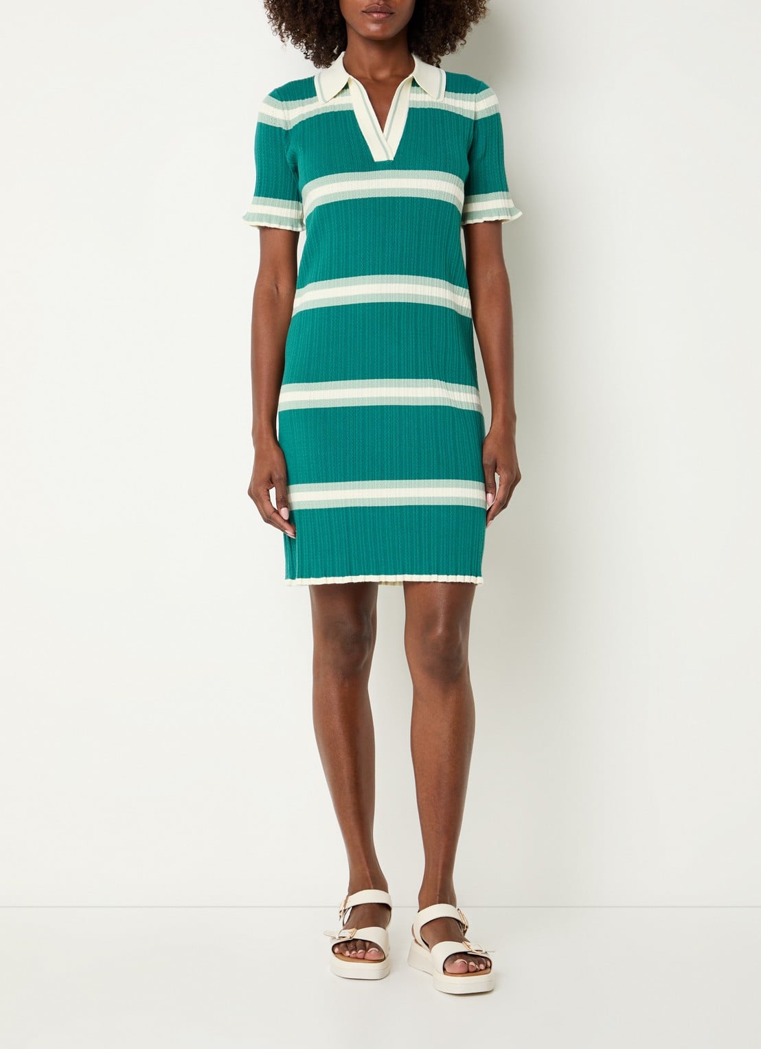 River Woods Grofgebreide mini jurk met streepprint - voorkant 2 zeegroen