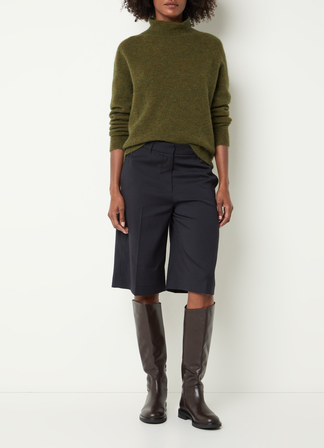 River Woods Grofgebreide trui in alpaca wolblend met col - voorkant 3 donkerkhaki