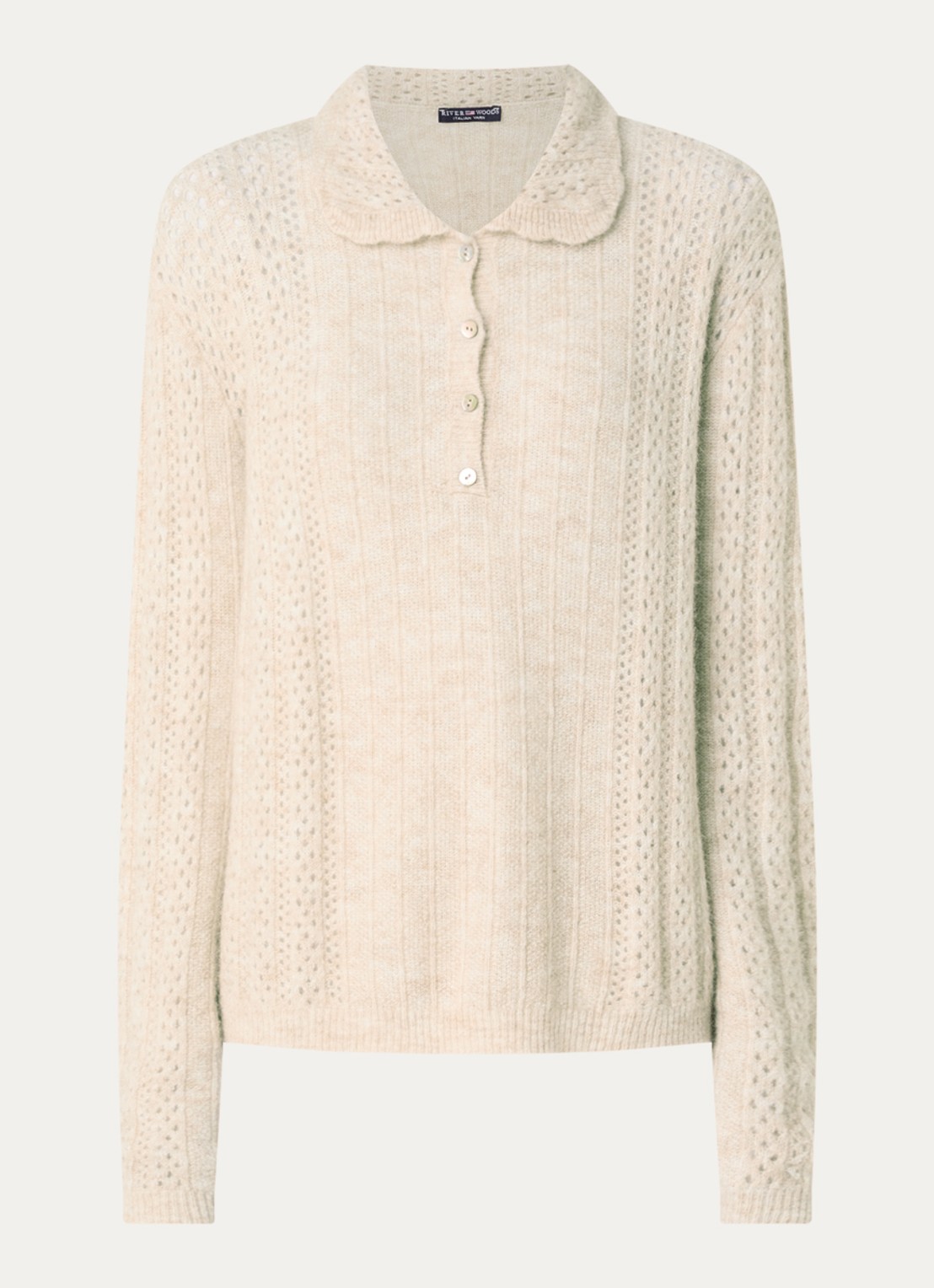 River Woods Grogebreide trui in alpaca wolblend met opengewerkt dessin - voorkant beige