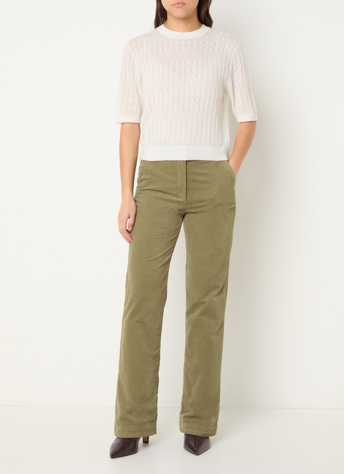 River Woods High waist flared fit pantalon met stretch - voorkant 4 olijfgroen