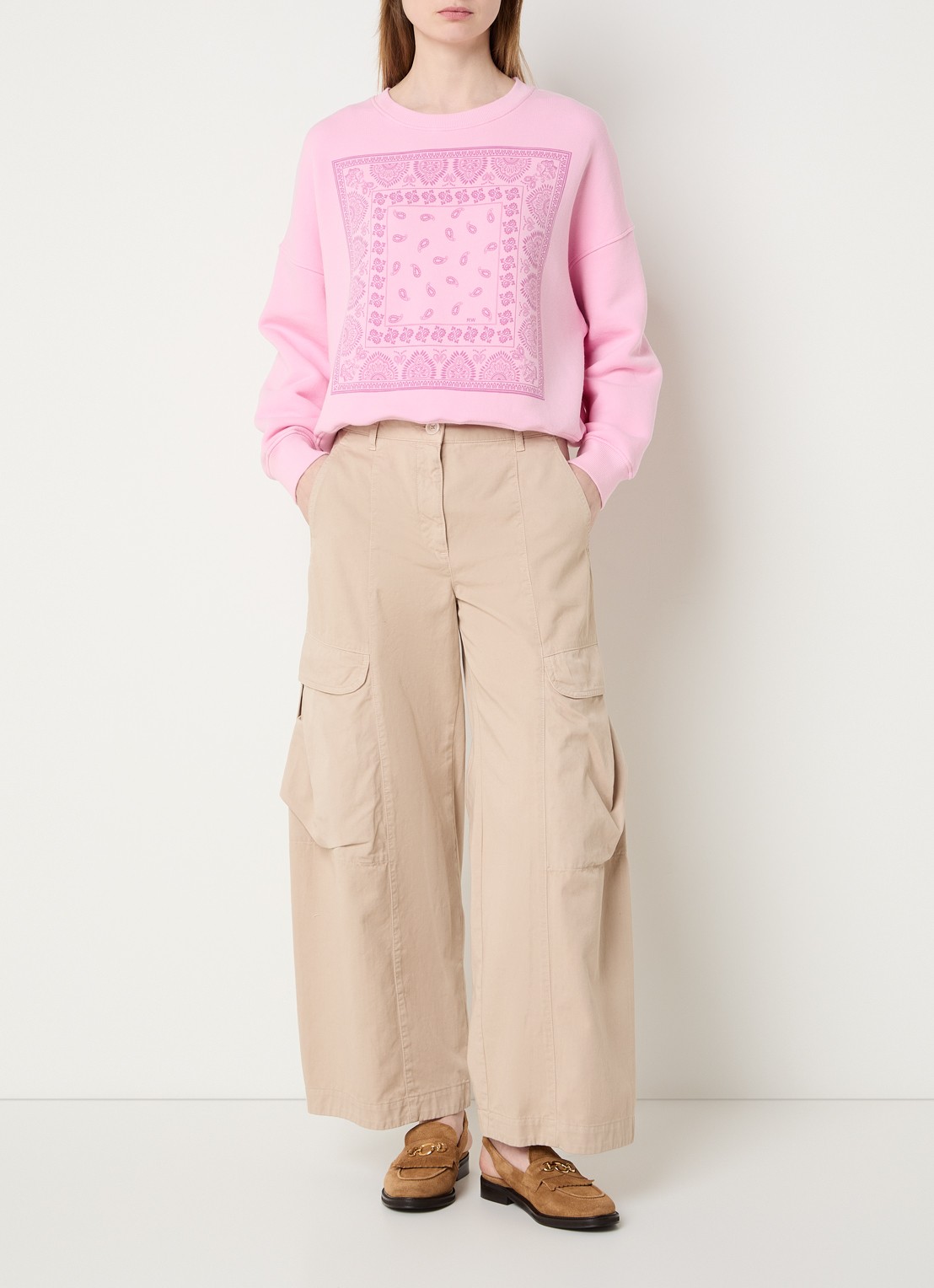 River Woods High waist wide fit cargobroek met klepzakken - voorkant 3 beige