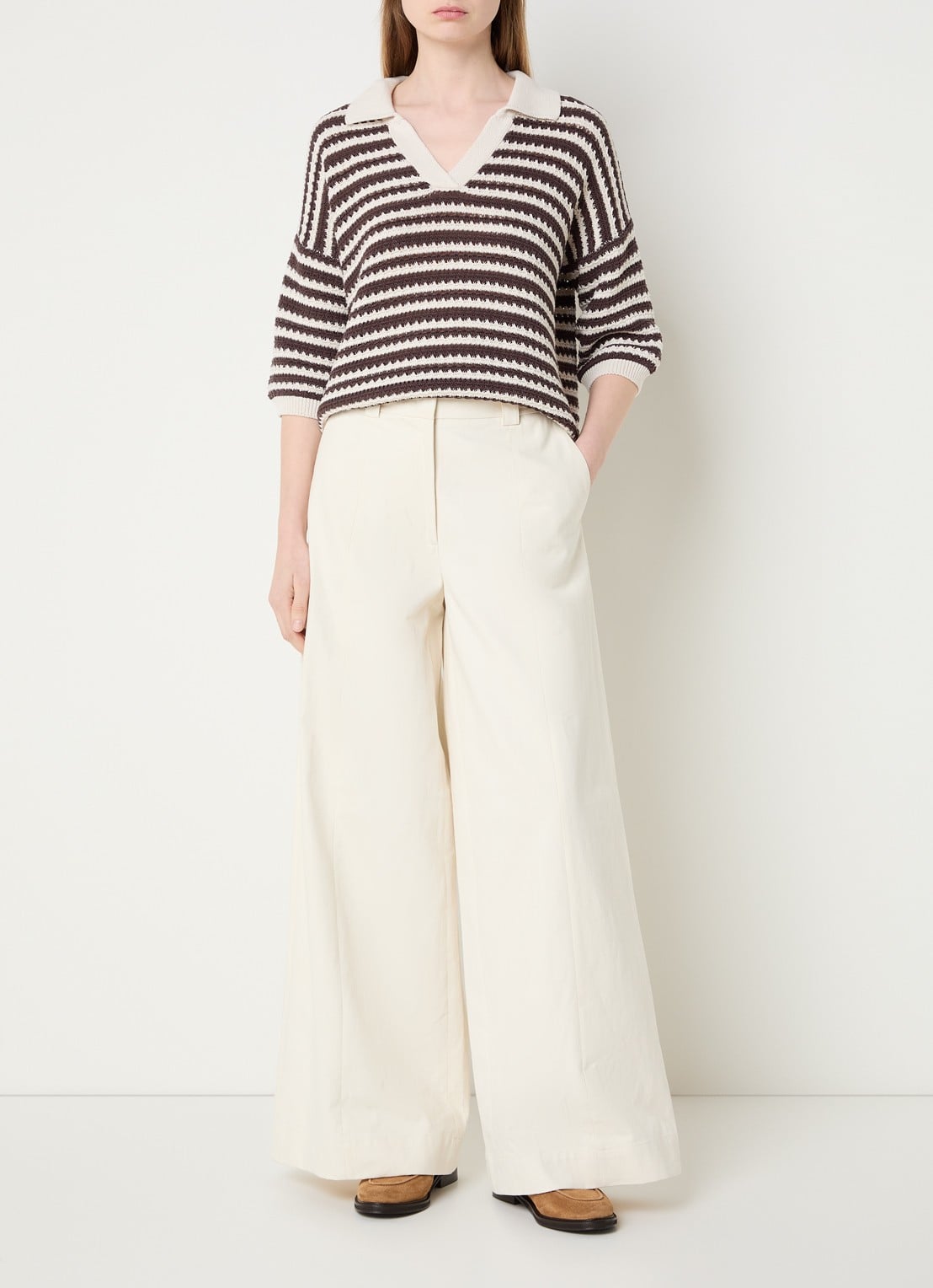 River Woods High waist wide fit palazzo broek met steekzakken - voorkant 3 gebroken wit