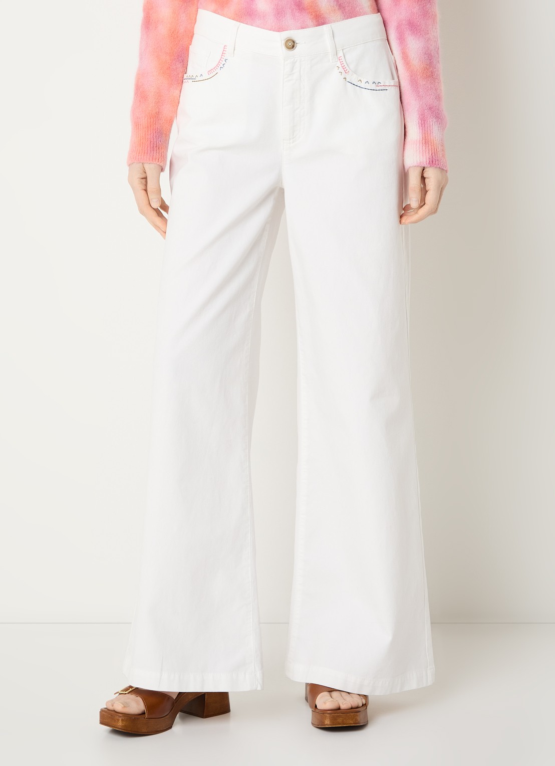 River Woods High waist wide fit pantalon met borduring - detail 3 gebroken wit