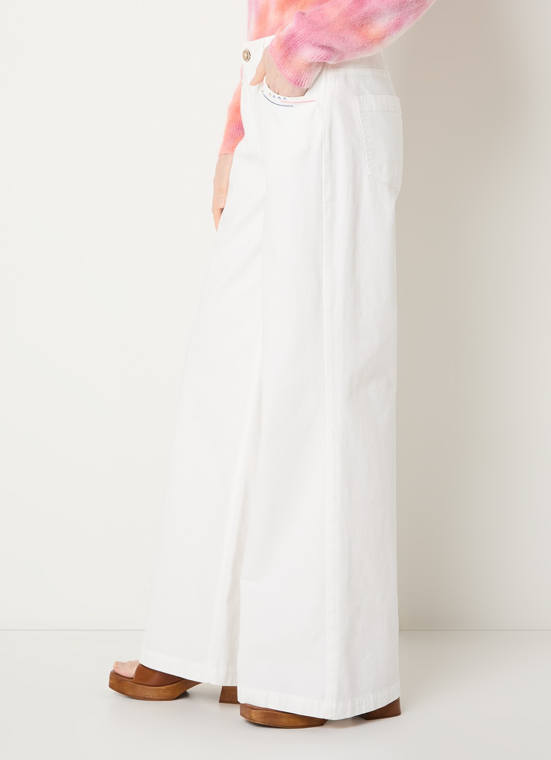 River Woods High waist wide fit pantalon met borduring - detail 4 gebroken wit