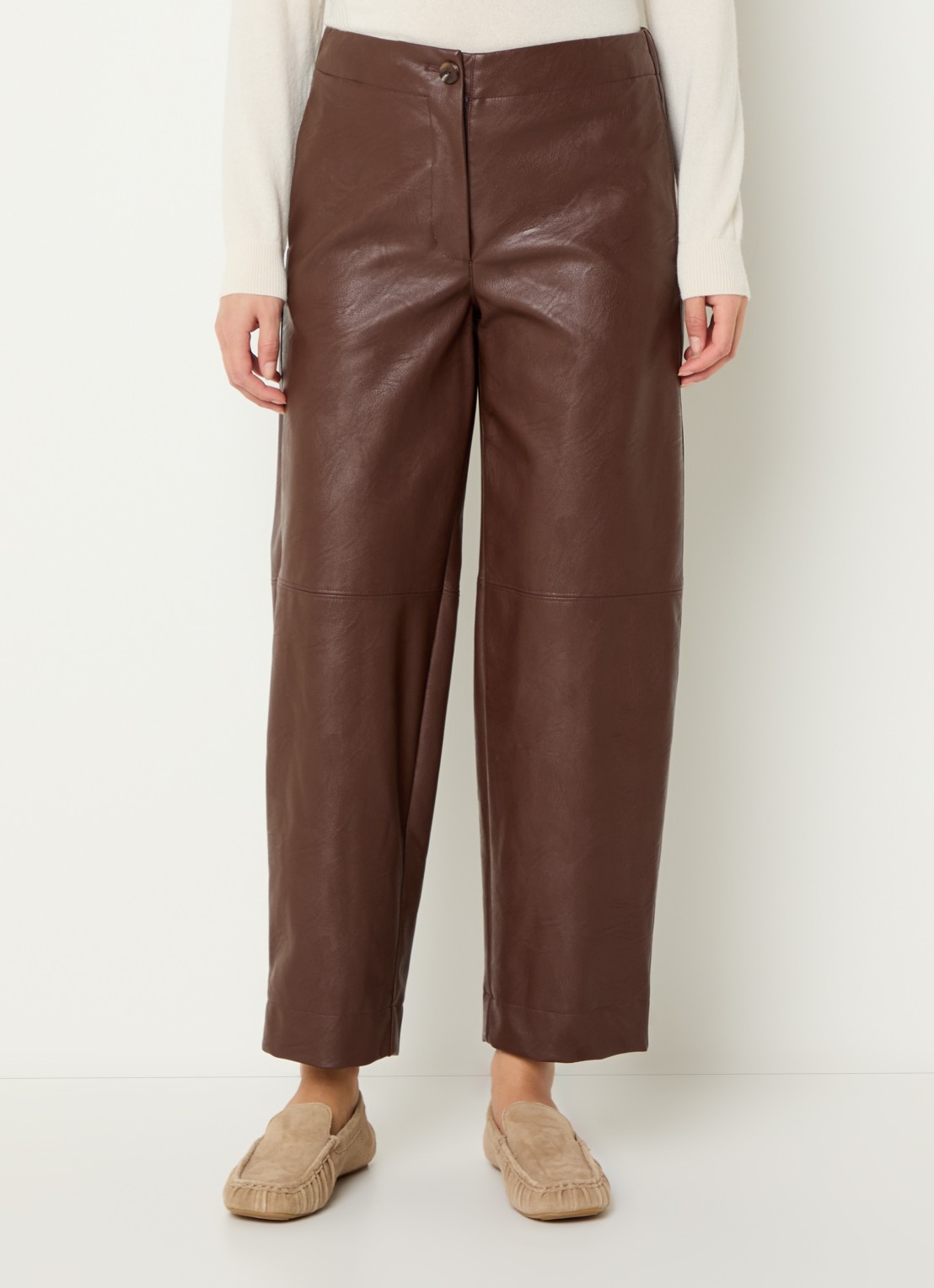River Woods Mid waist straight fit broek van imitatieleer - detail 4 bruin