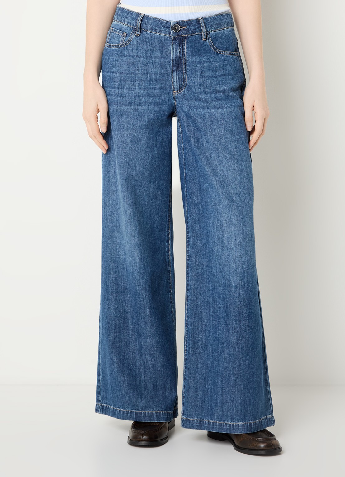 River Woods Mid waist wide fit broek van chambray - detail blauw