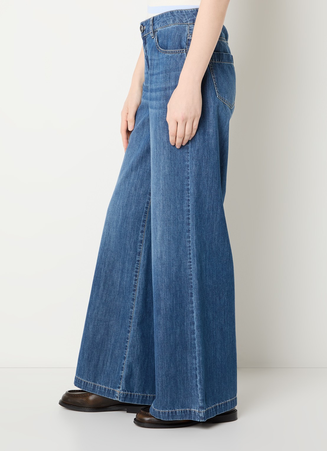 River Woods Mid waist wide fit broek van chambray - detail 2 blauw