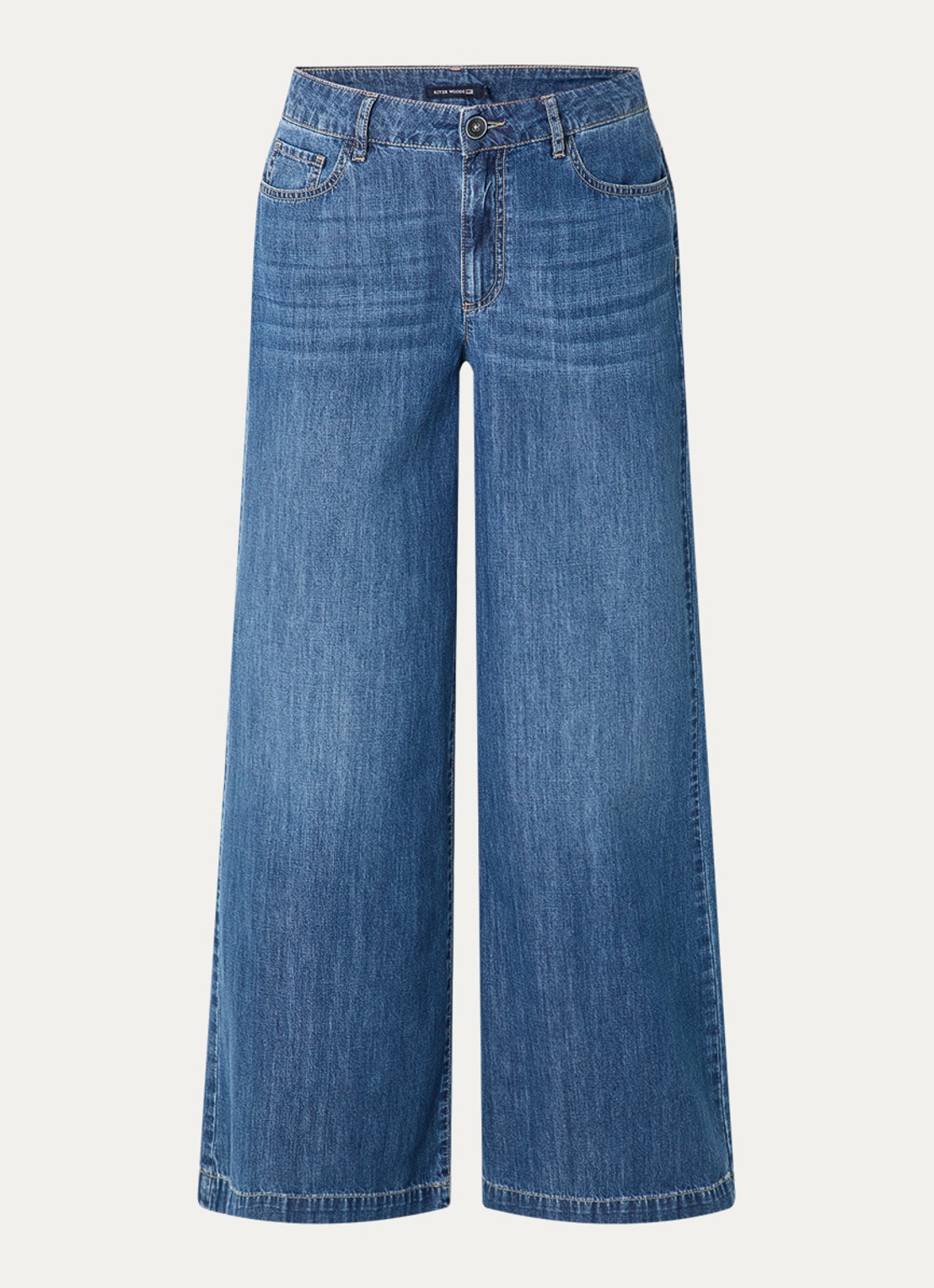 River Woods Mid waist wide fit broek van chambray - voorkant 4 blauw