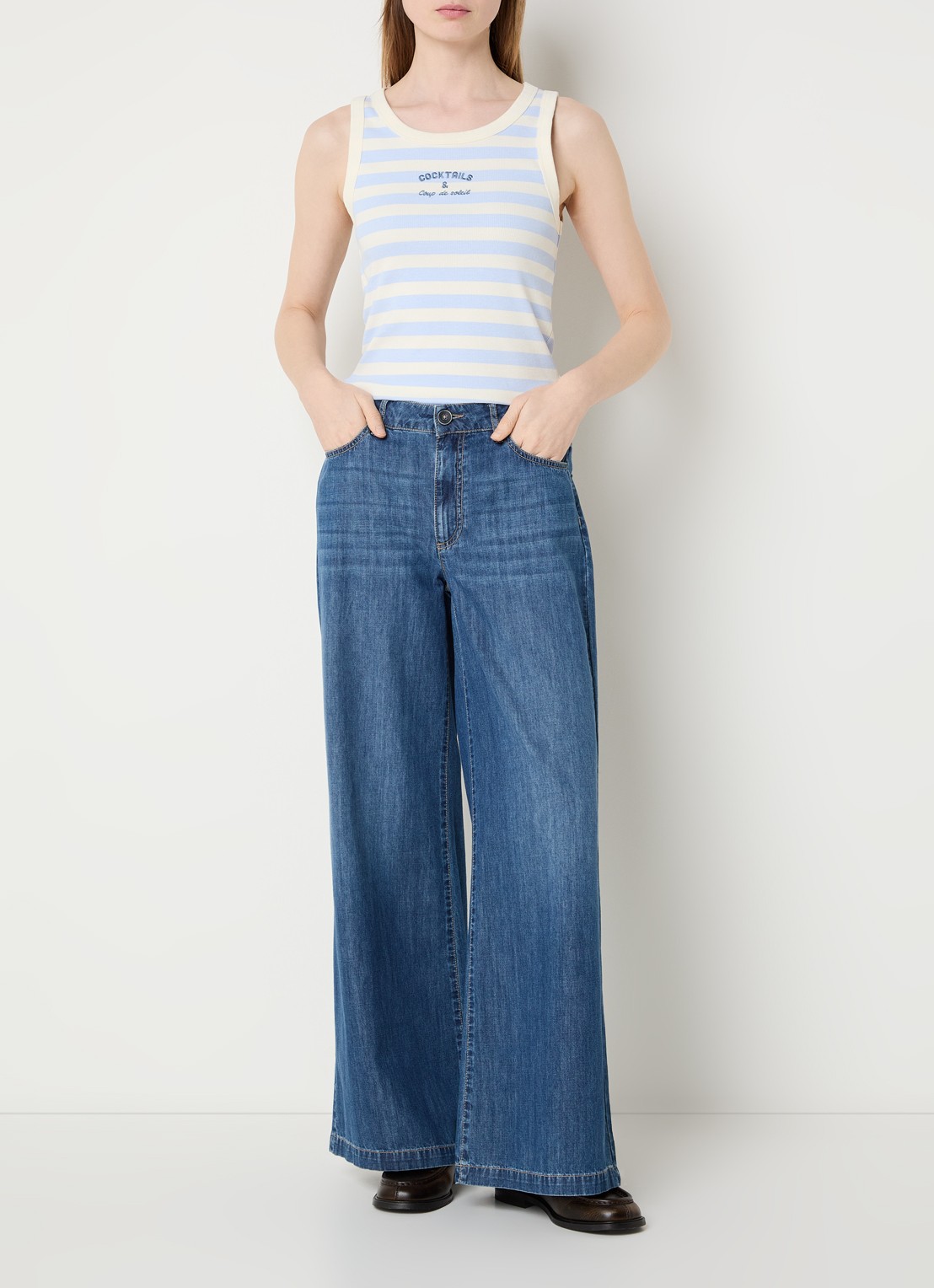 River Woods Mid waist wide fit broek van chambray - voorkant 5 blauw