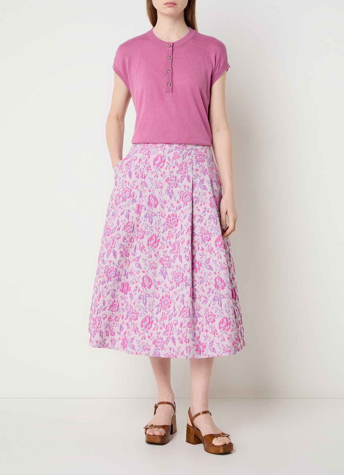 River Woods Midi A-lijn rok met jacquard dessin - voorkant 2 roze