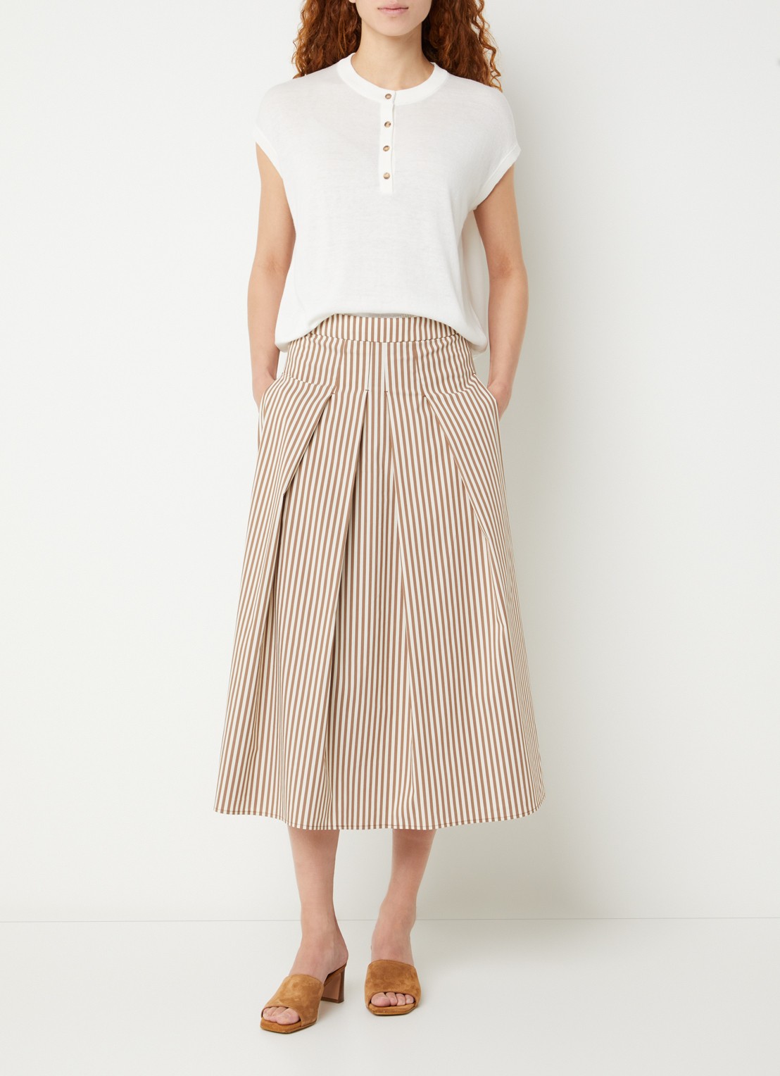 River Woods Midi jurk met streepprint en plooidetail - voorkant 2 lichtbruin