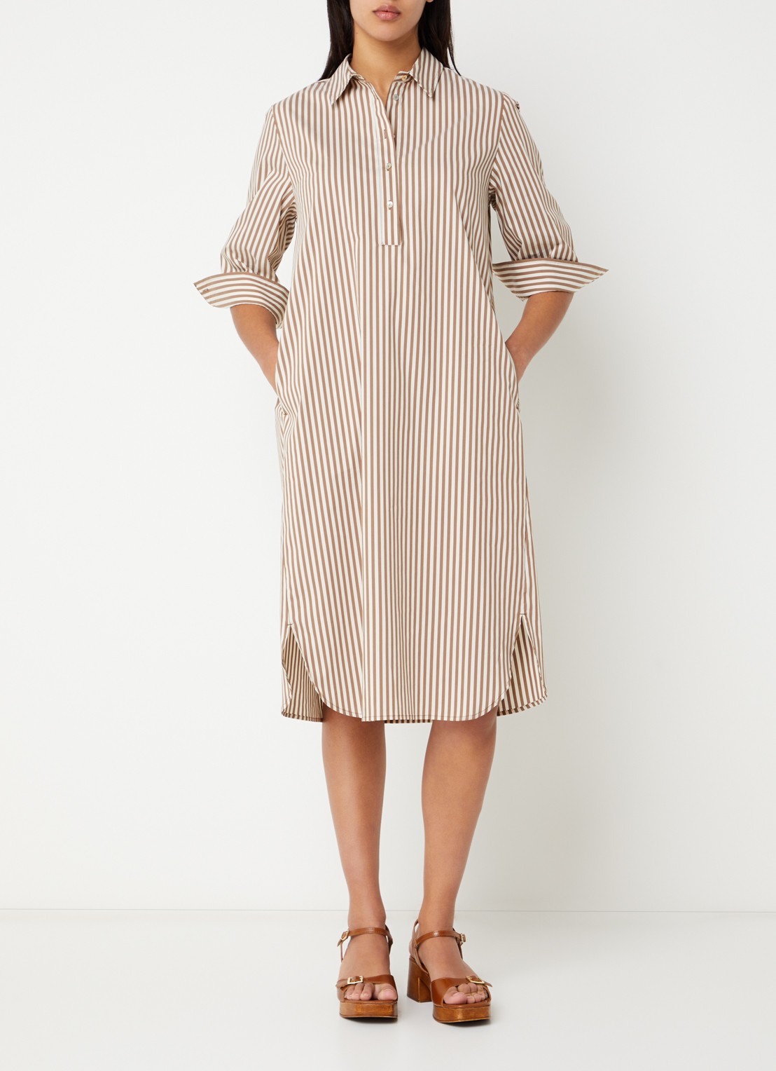 River Woods Midi jurk met streepprint - detail lichtbruin