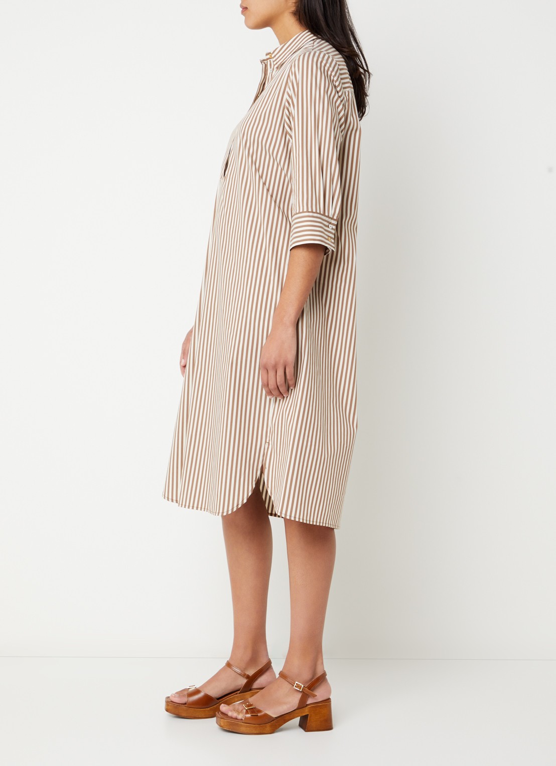 River Woods Midi jurk met streepprint - voorkant 3 lichtbruin