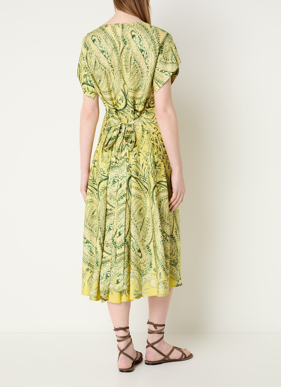 River Woods Midi jurk met strikceintuur en print - achterkant 3 neongeel