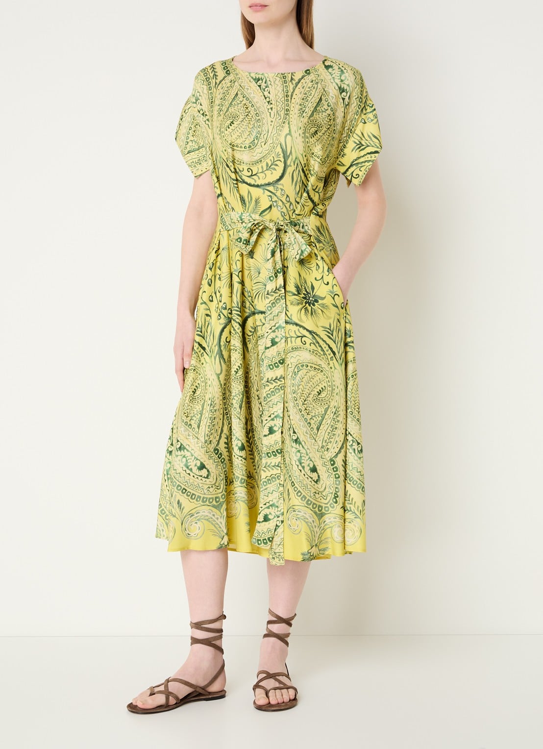River Woods Midi jurk met strikceintuur en print - detail 4 neongeel