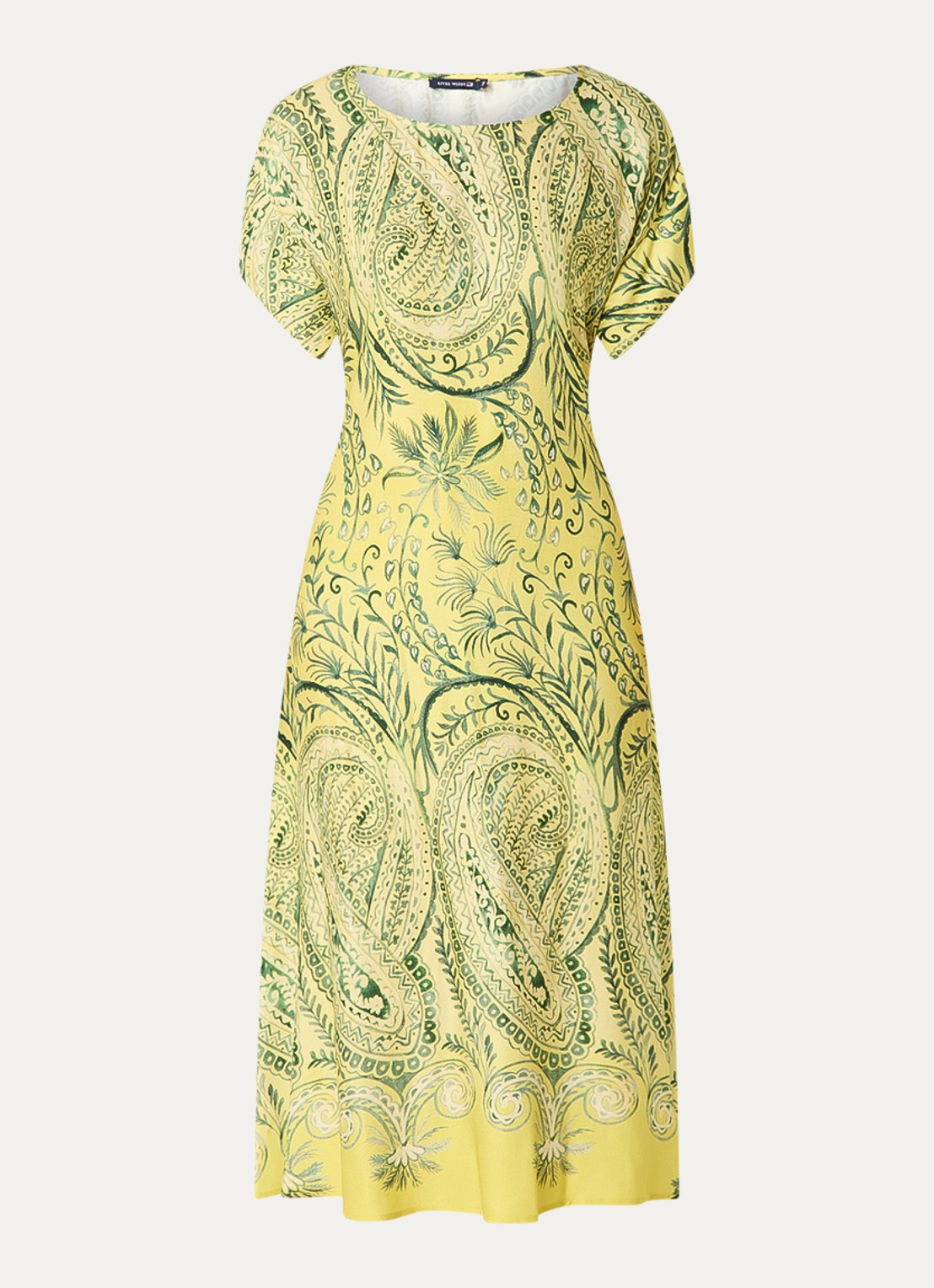 River Woods Midi jurk met strikceintuur en print - voorkant neongeel