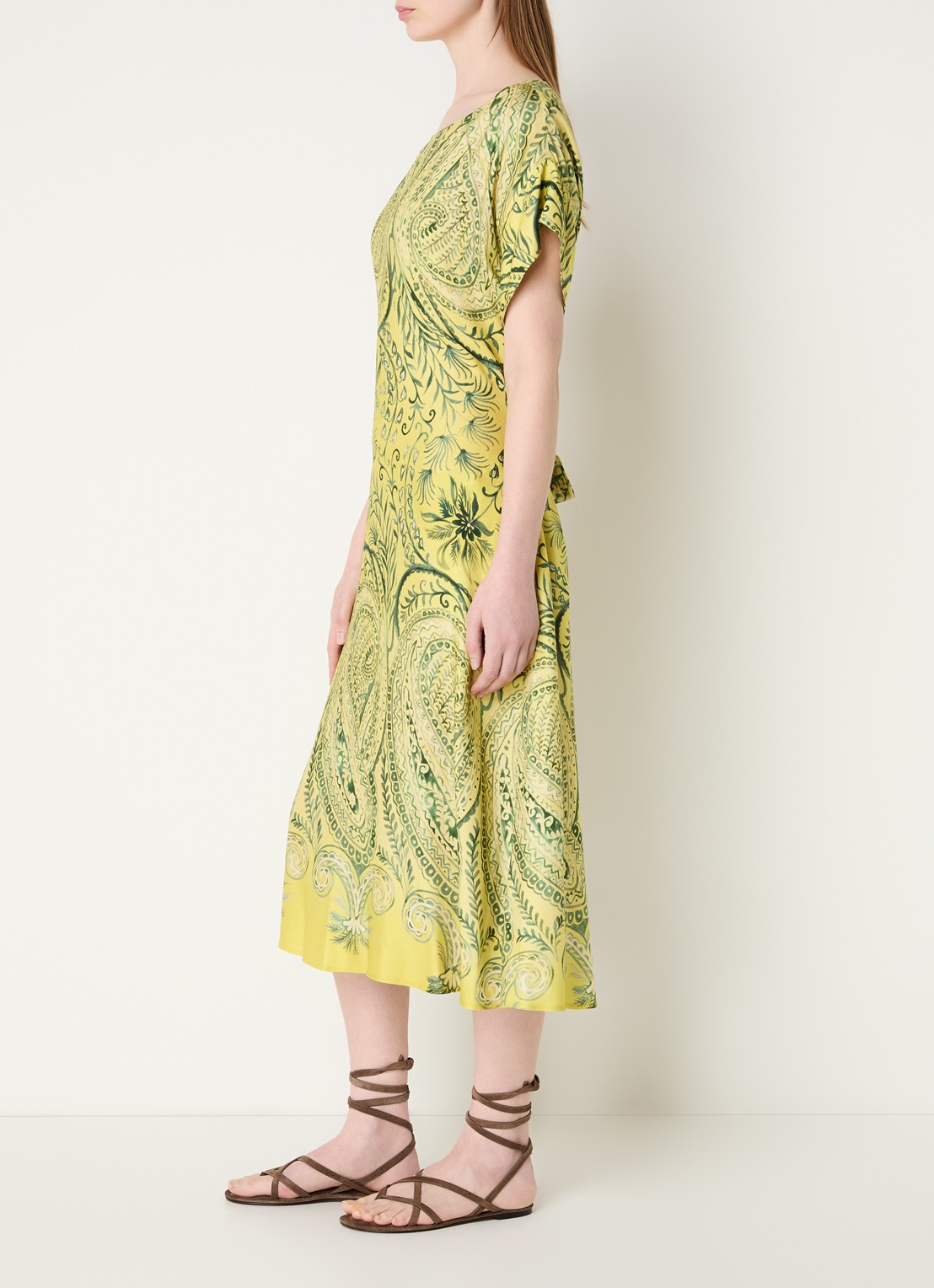 River Woods Midi jurk met strikceintuur en print - voorkant 2 neongeel