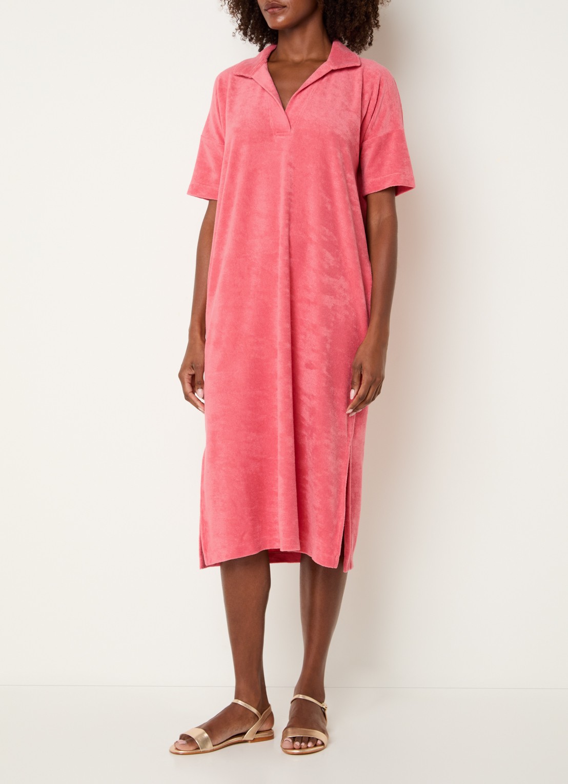 River Woods Midi jurk van badstof met polokraag - detail roze