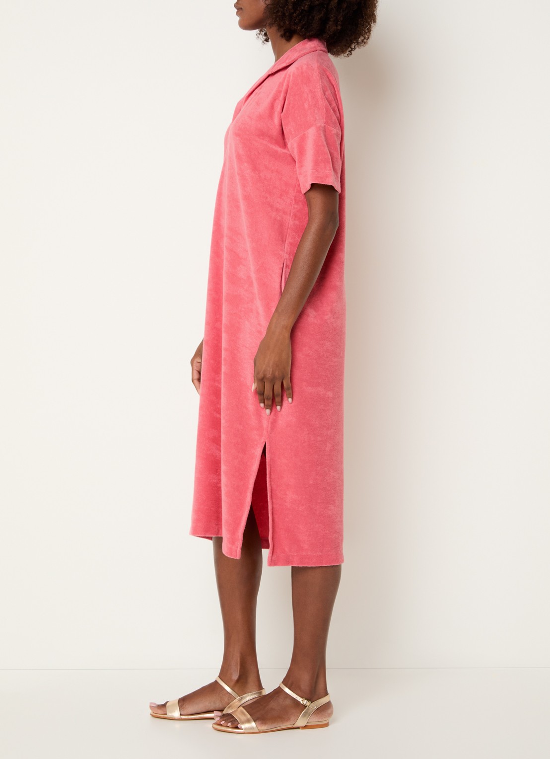River Woods Midi jurk van badstof met polokraag - voorkant 3 roze
